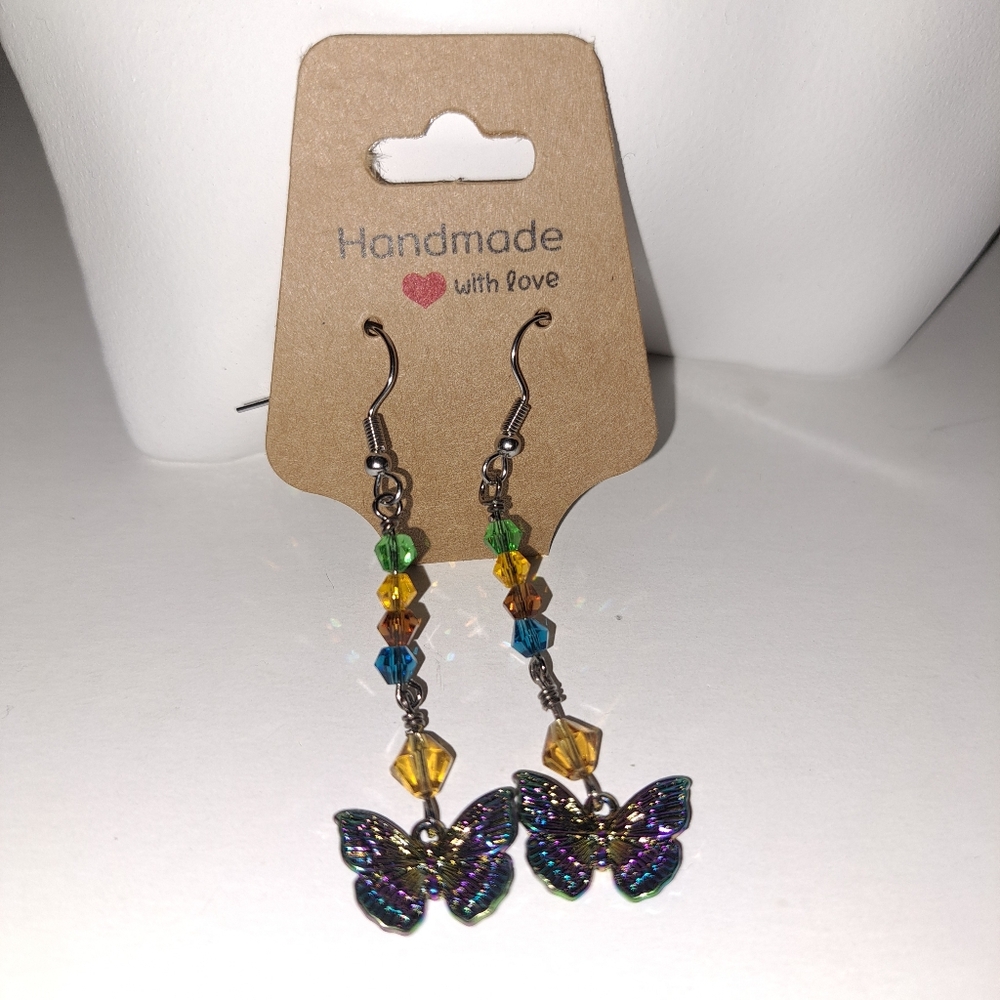 Iridescent Rainbow Titanium Plated Butterfly & Bicone Crystal Dangle Earrings